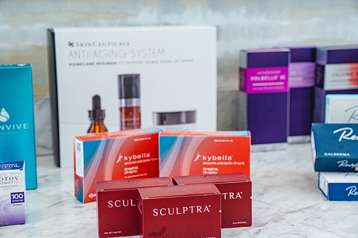 Skincare products and anti-aging treatments on display.