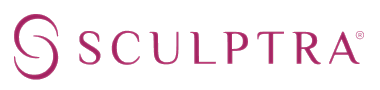 Sculptra logo in pink lettering on black background.